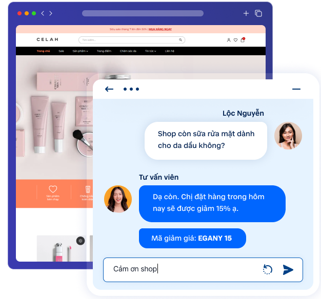 Website mỹ phẩm hỗ trợ chatlive, gửi mã khuyến mại linh hoạt