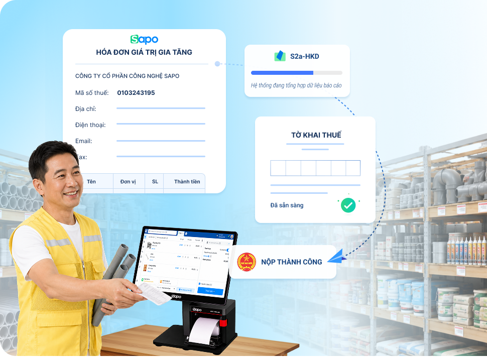 Xuất hóa đơn điện tử, tổng hợp doanh thu và kê khai thuế dễ dàng trên phần mềm quản lý vật liệu xây dựng Sapo