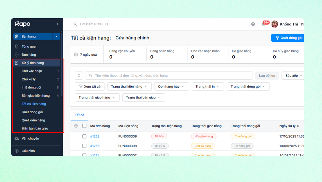 Tách menu Xử lý đơn hàng nâng cao - Giảm thao tác, tăng tốc vận hành đơn