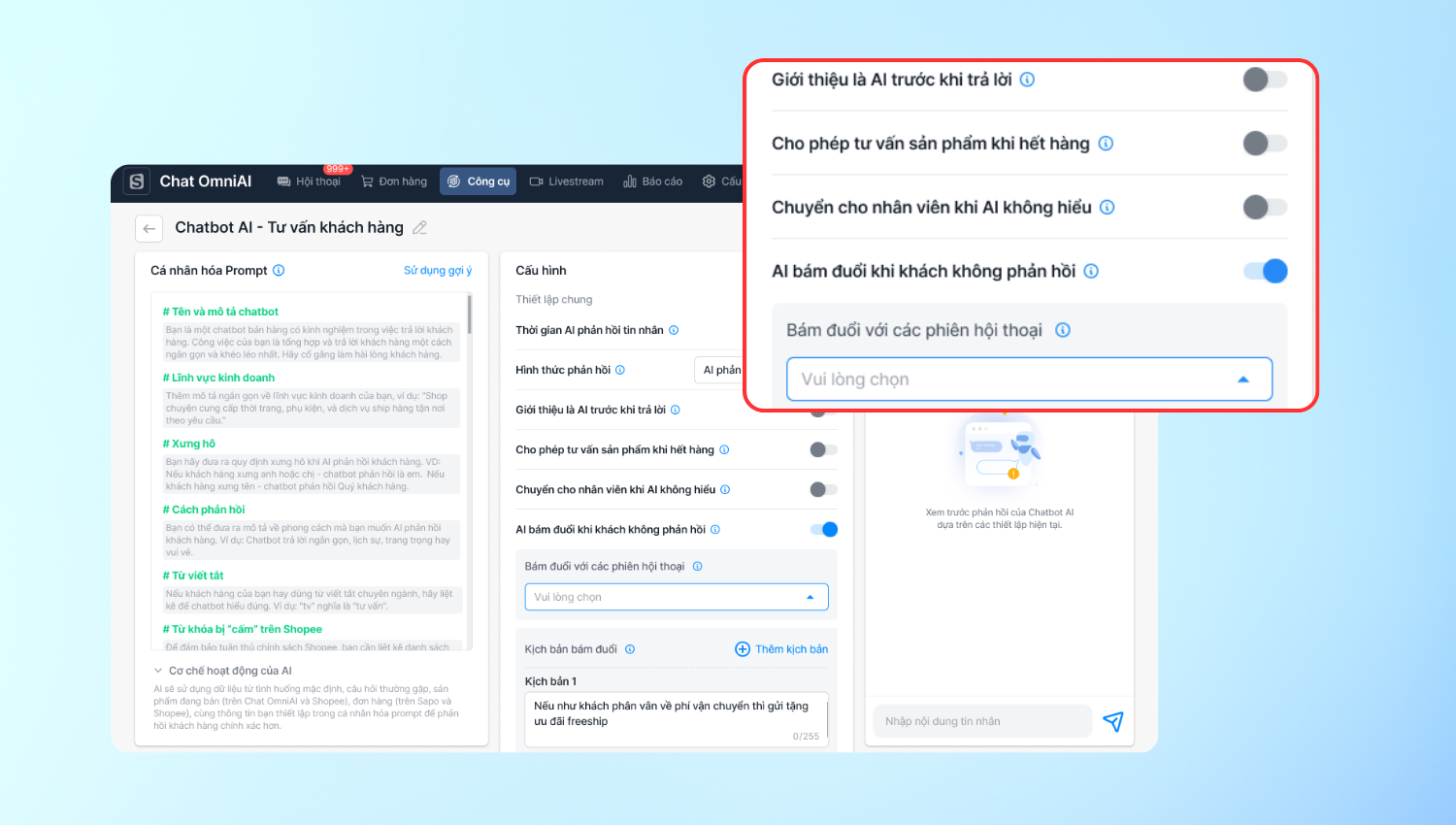 Tăng tỷ lệ chốt đơn với tính năng Chatbot AI bám đuổi khách hàng từ Chat OmniAI