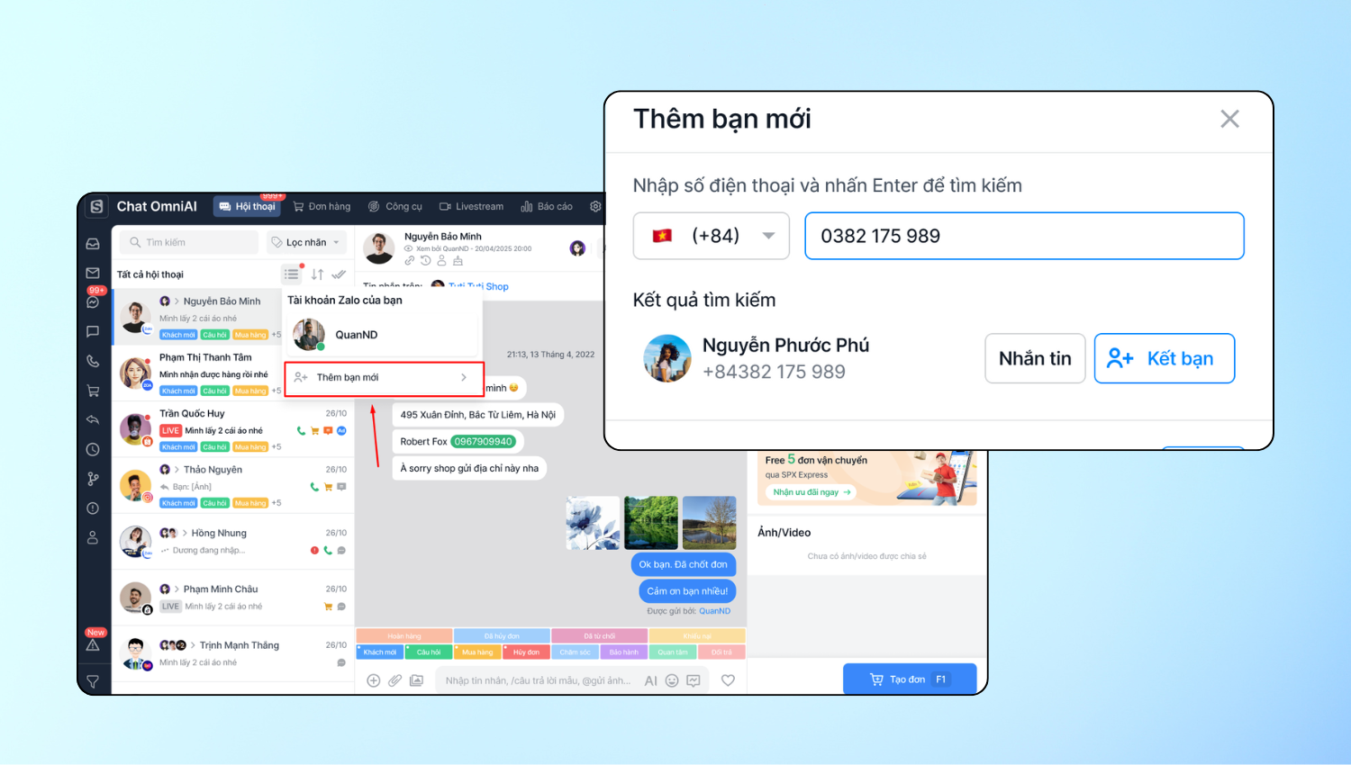 Rút ngắn thời gian, thao tác tư vấn bán hàng với tính năng Tìm kiếm và Thêm bạn bè Zalo từ số điện thoại trên web Chat OmniAI