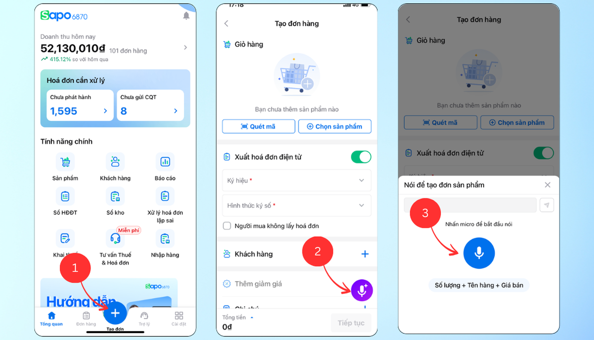 Tạo đơn nhanh chóng - tiện lợi với tính năng tạo đơn bằng giọng nói trên Sapo 6870
