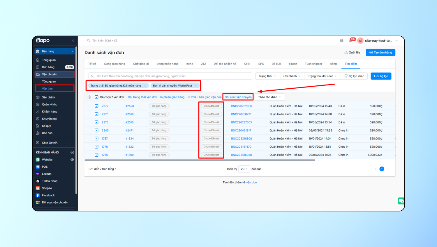 Quản lý đối soát tập trung với tính năng Đối soát vận chuyển trên danh sách vận đơn