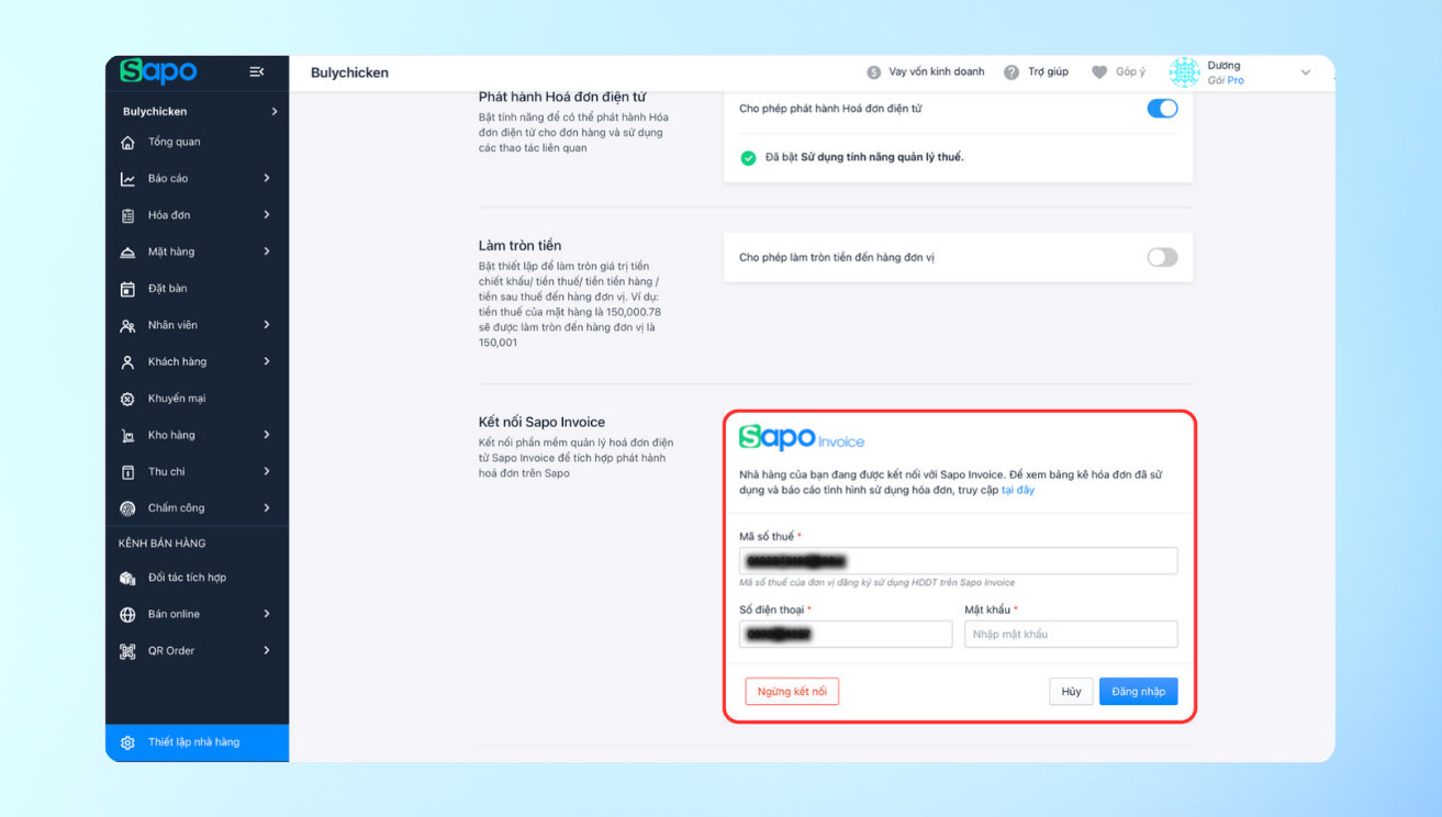 In hoá đơn điện tử trực tiếp trên hoá đơn thanh toán & Xuất hoá đơn điện tử trên app phục vụ
