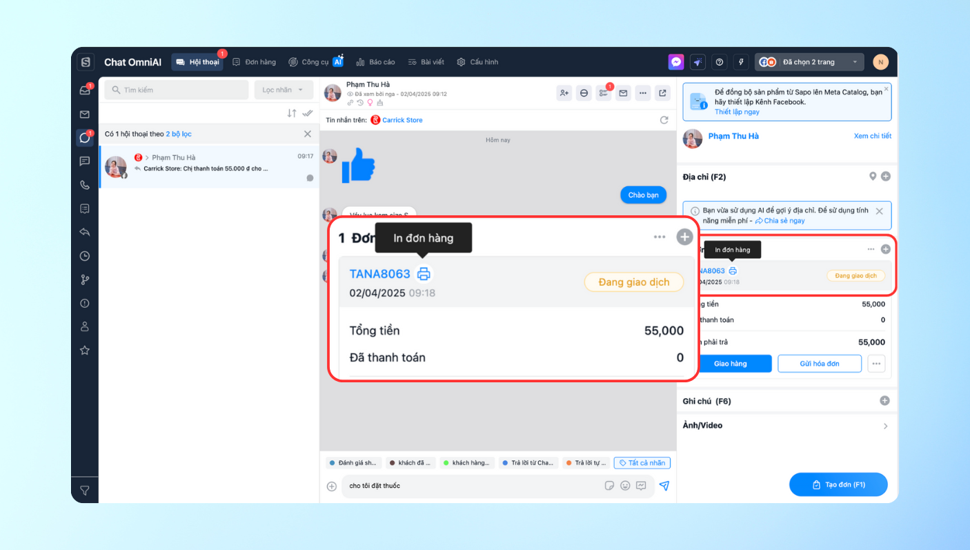 Tối ưu hóa bán hàng với tính năng in đơn hàng trực tiếp trên màn hình chat
