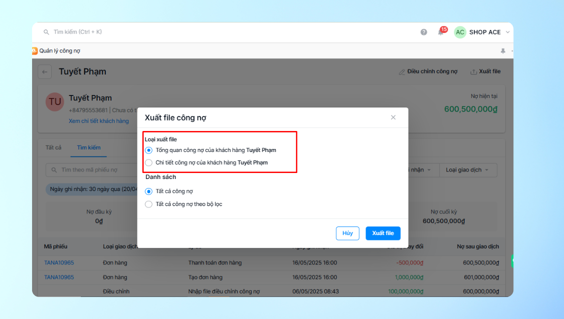 Đối soát dễ dàng, minh bạch hơn với tính năng Xuất file danh sách công nợ khách hàng