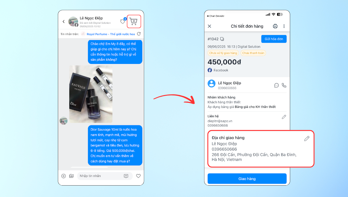 Xử lý đơn hàng nhanh chóng với tính năng Đồng bộ thông tin tự động khi tạo đơn từ Chat OmniAI