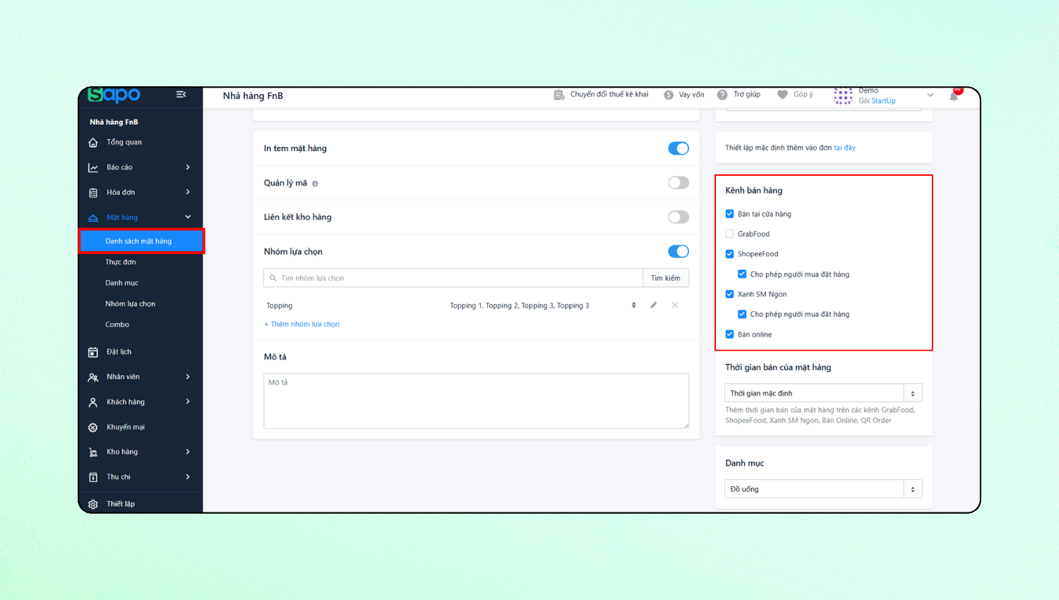 Quản lý món dễ dàng hơn với tính năng “Cho phép bán/ngừng bán tạm thời trên kênh bán ShopeeFood/GrabFood/Xanh SM Ngon"