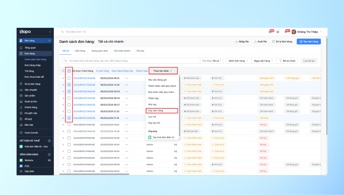 Cập nhật tính năng huỷ đơn hàng hàng loạt trên Sapo OmniAI