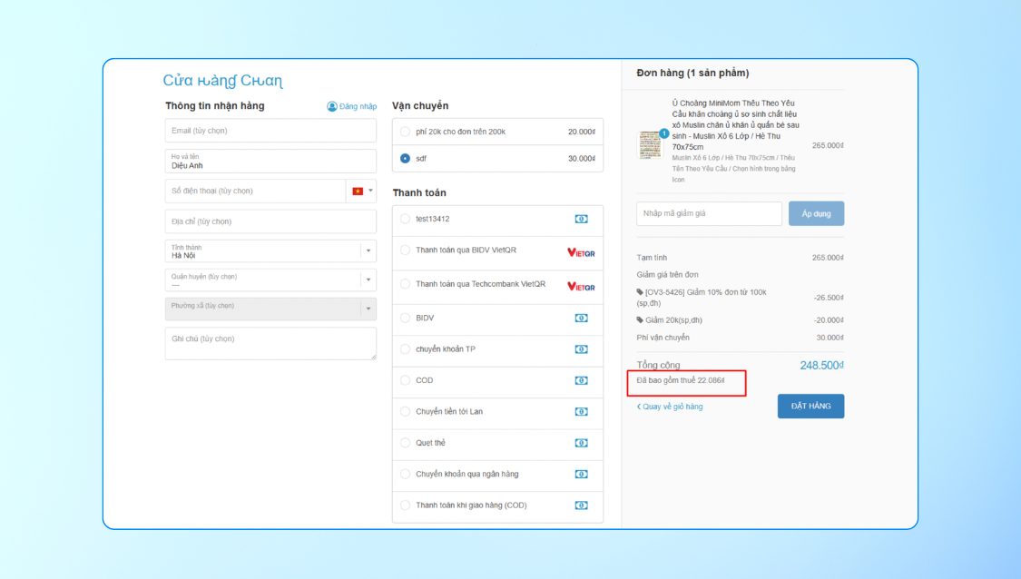 Website đã tự động áp dụng thuế cho sản phẩm, đơn hàng giúp quy trình vận hành – kế toán – hóa đơn mượt hơn ngay từ đầu