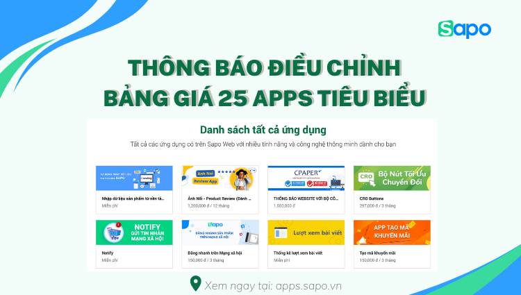 [Thông Báo] Điều chỉnh giá bán 25 ứng dụng tiêu biểu của Sapo