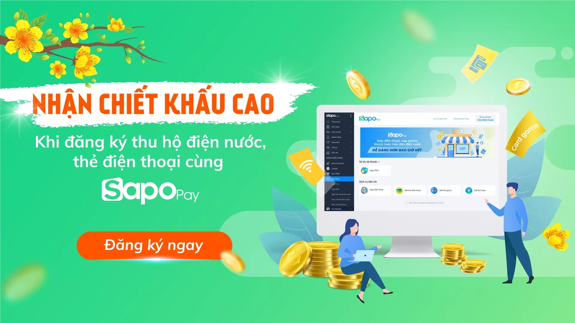 Nhận chiết khấu tới 20% khi đăng ký thu hộ điện nước, thẻ điện thoại cùng Sapo Pay