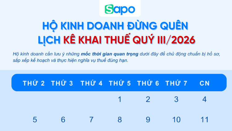 Lịch kê khai thuế Quý III/2026: Hộ kinh doanh cần nộp hồ sơ khi nào?