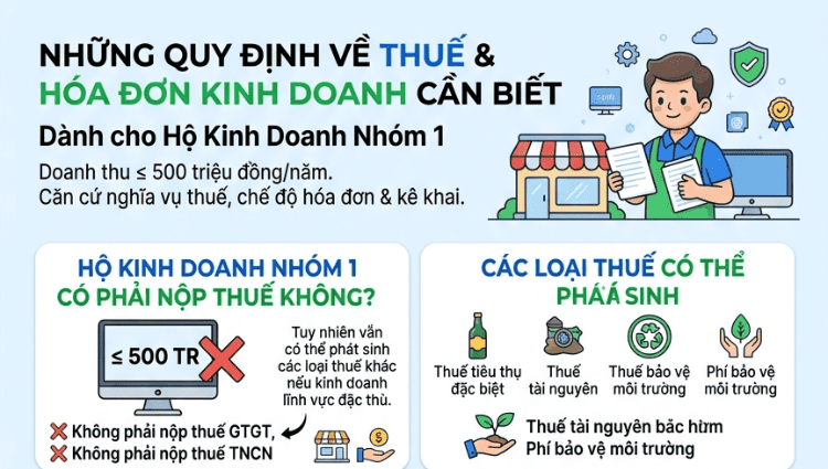 [INFORGRAPHIC] Tổng hợp nghĩa vụ thuế của hộ kinh doanh nhóm 1 (doanh thu từ 500tr trở xuống)