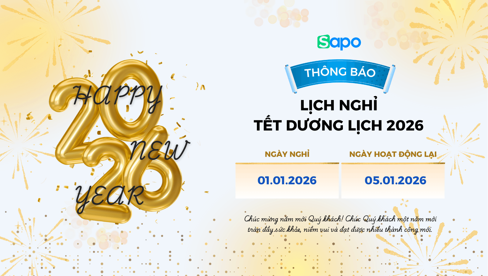 Sapo Express thông báo lịch hoạt động Tết Dương Lịch 2026