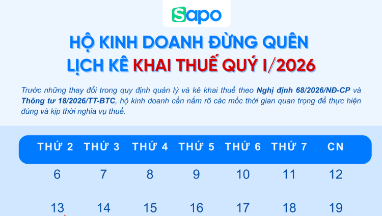Lịch kê khai quý I/2026 hộ kinh doanh cần nhớ